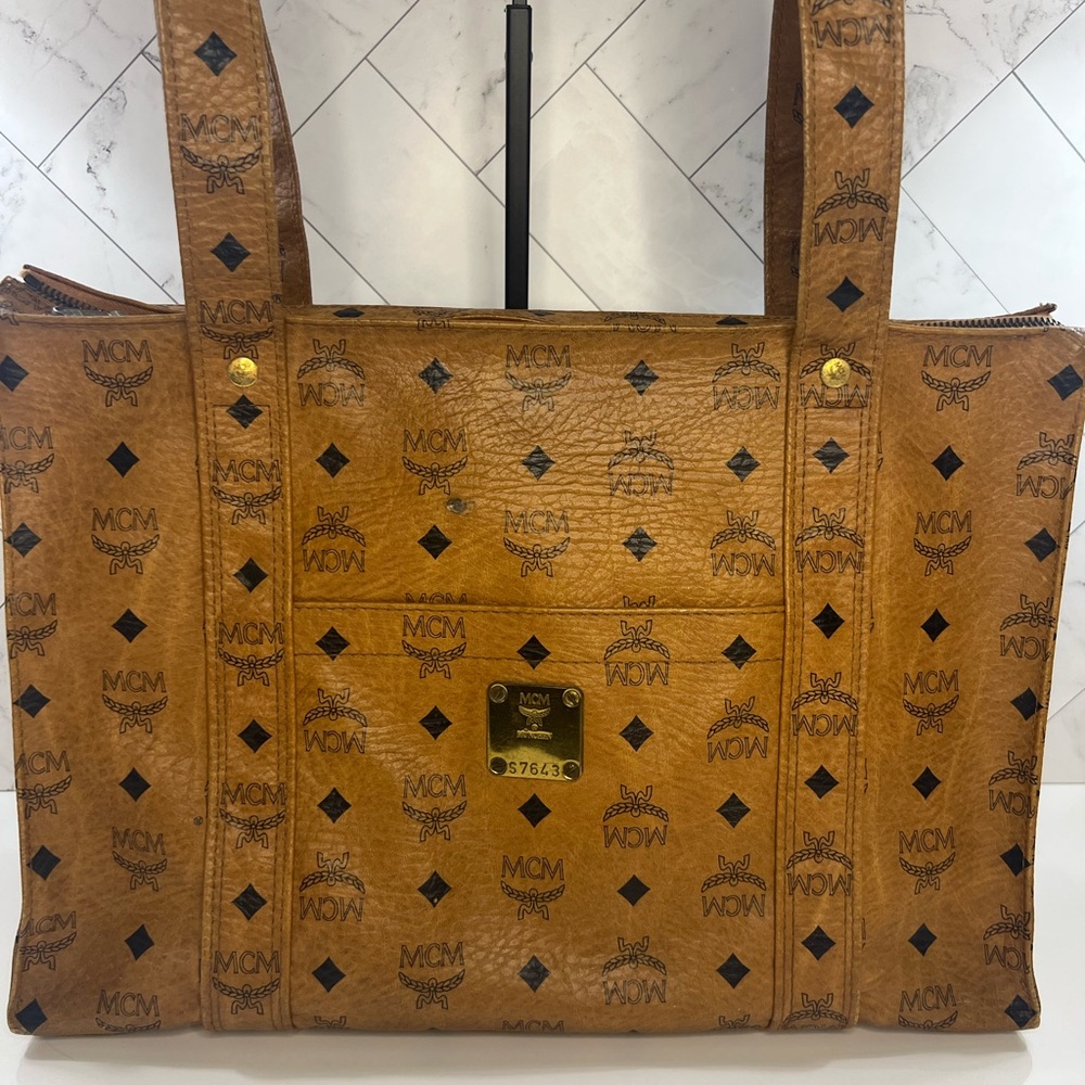 MCM Brown Visetos Canvas Tote Bag with Monogram Pattern